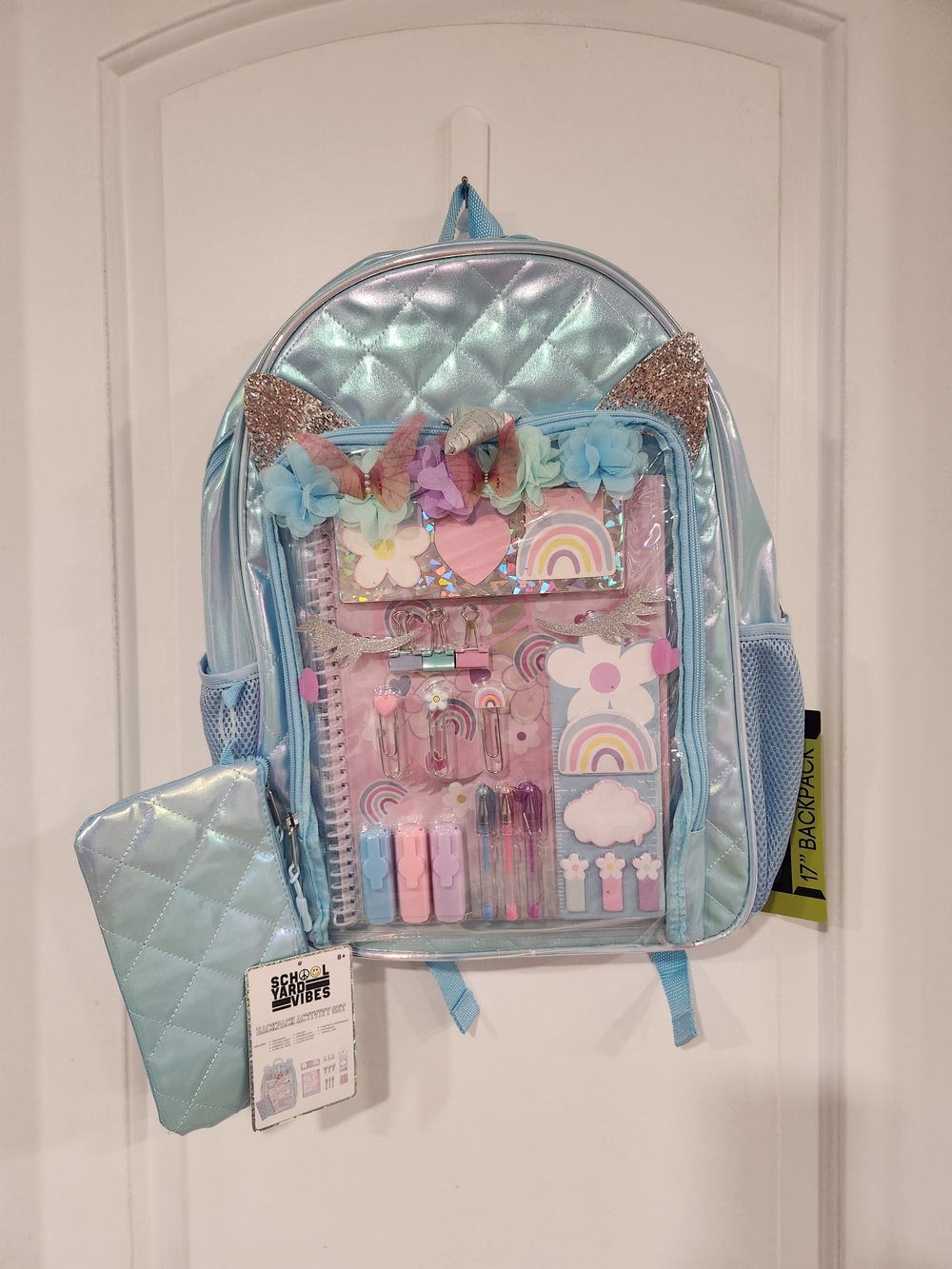 NWT School Yard Vibes Backpack Activity Set Iridescent Blue Unicorn 17"